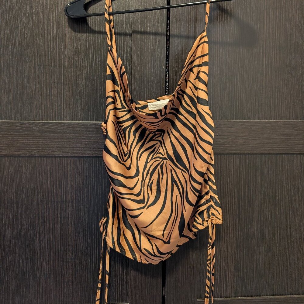 Satin cowl neck shirt, size medium, bengal print